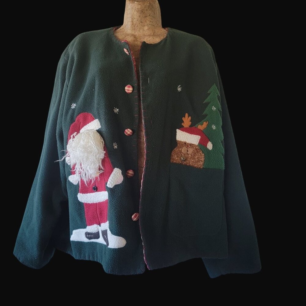 VTG Take Two Clothing Co. Christmas Fleece Jacket W/ Santa & Reindeer Applique